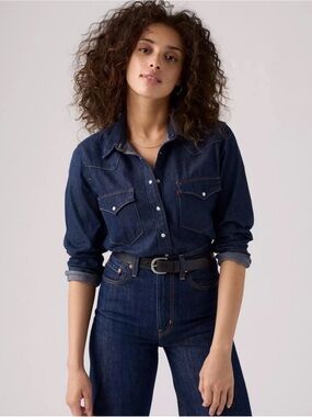 Levi’s Woman’s Ultimate Western Denim Pearl Snap Shirt Dark Wash Size Size XS
